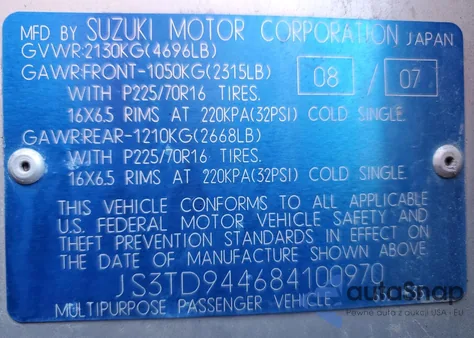 2008 Suzuki Grand Vitara Xsport z USA, uszkodzony, nr VIN JS3TD944684100970